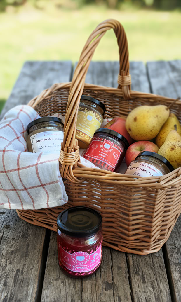 Panier en osier sur une table en bois contenant des pots de confiture, des poires et des pommes, avec un torchon à carreaux.